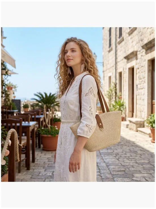 Woven Raffia Straw Tote Bag with PU Leather Handle, Beach Bag - Picture 7 of 7